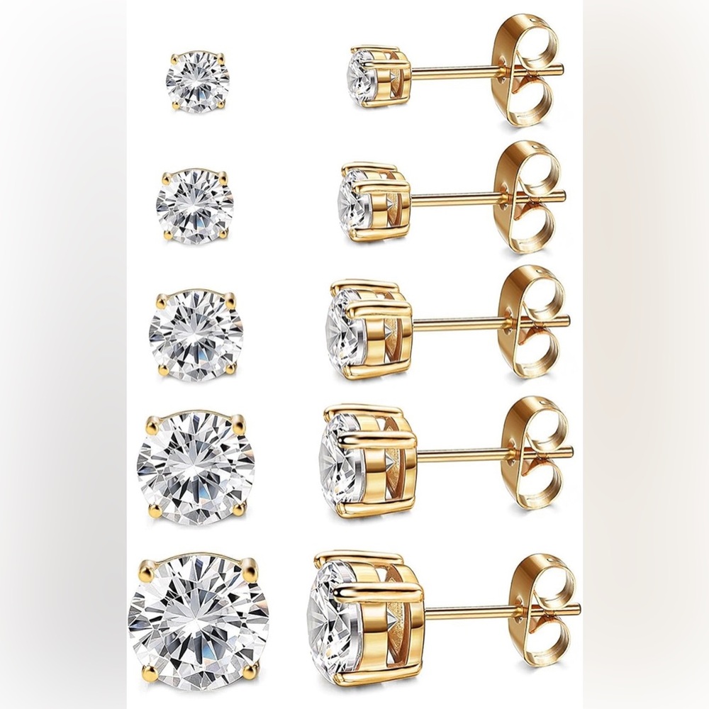 #76 - NEW 14K Gold Plated CZ Round Stud Simulated Diamond Earrings Set（5 Pairs)